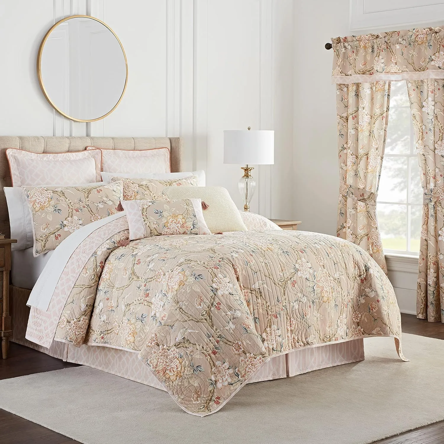 Waverly Peony Gardens 4 Piece Cotton Quilt Set, Embellished All Season Bedding, Includes One Quilt, One Bed Skirt and Two Pillow Shams, Machine Washable King Bed Set, Taupe