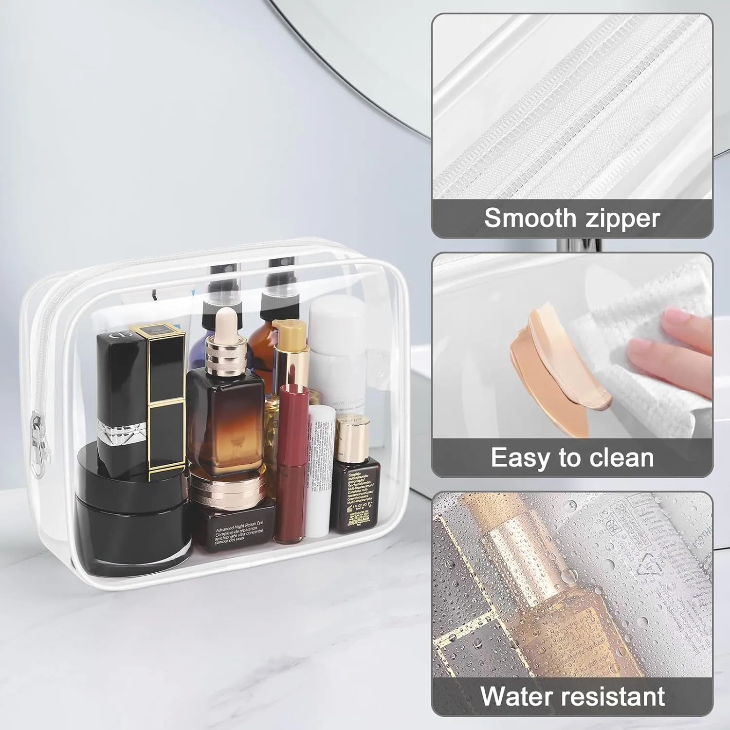 Wedama Clear Toiletry Bag, Cosmetic Bags 3 Pack with Zipper Carry on Airline Airport Travel Accessories, PVC Makeup Bags for Travel, Clear Travel Bags for Women and Men-White