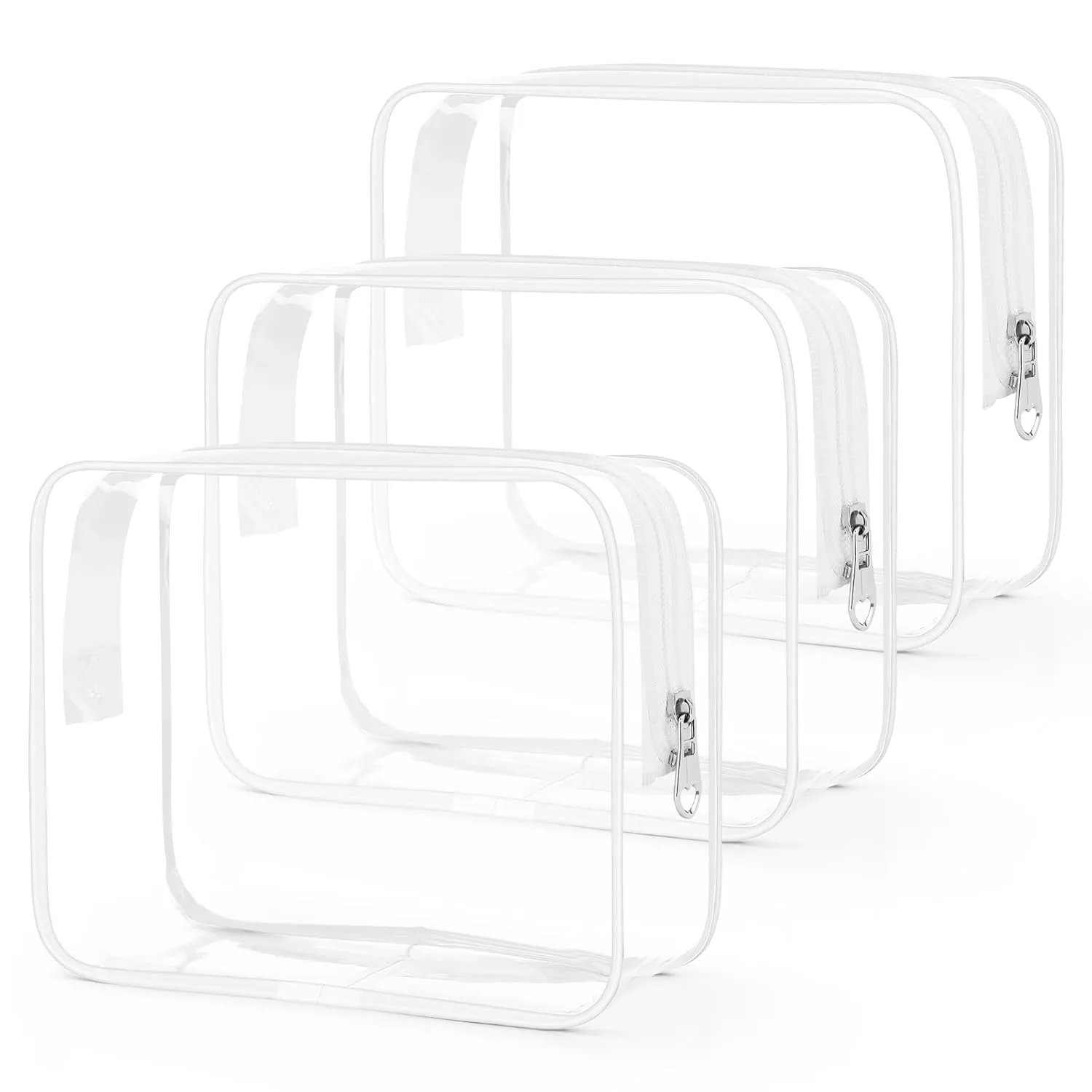 Wedama Clear Toiletry Bag, Cosmetic Bags 3 Pack with Zipper Carry on Airline Airport Travel Accessories, PVC Makeup Bags for Travel, Clear Travel Bags for Women and Men-White