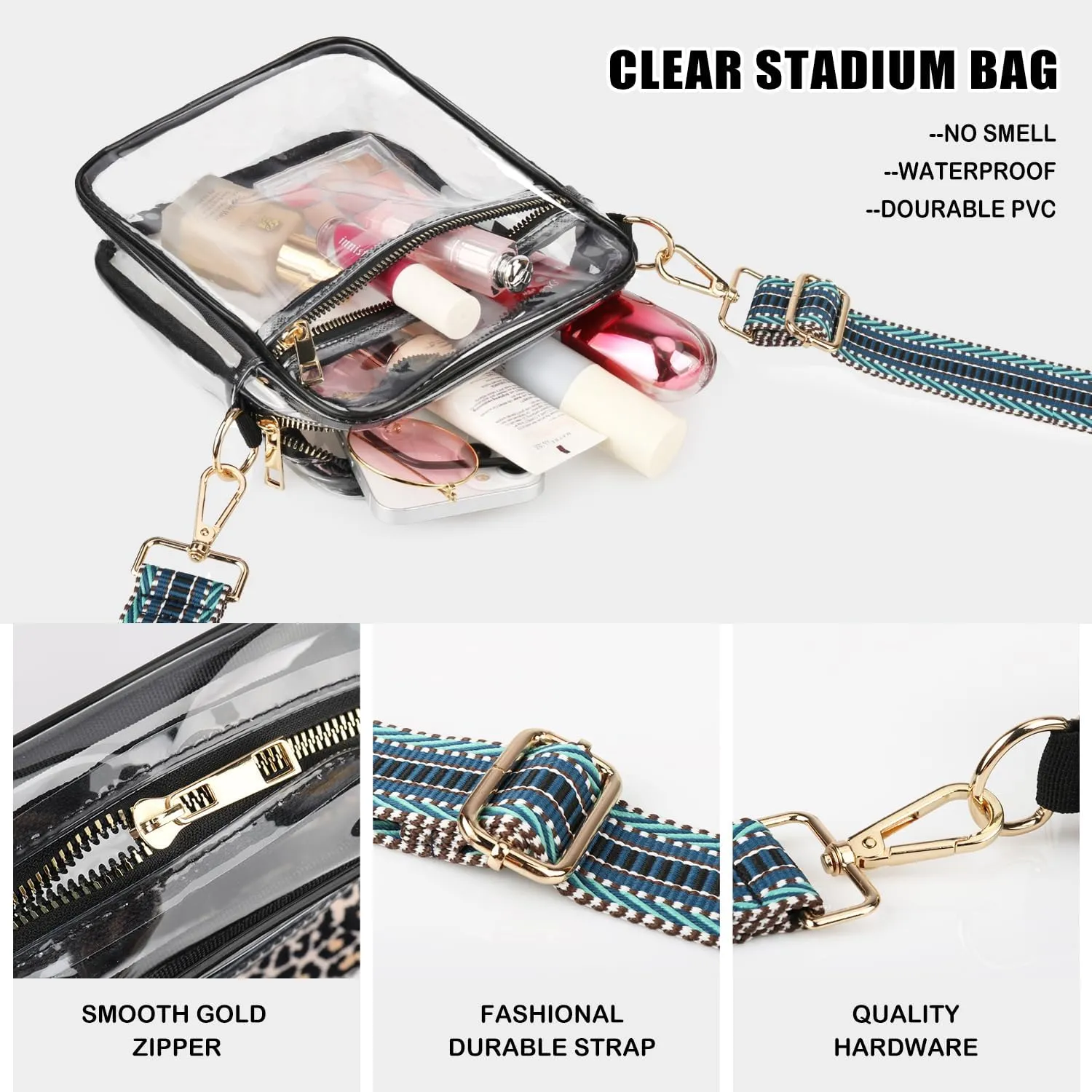 WEDDINGHELPER Clear Crossbody Bag, Clear Bag Stadium Approved, Clear Bag with Adjustable Strap for Sports Events