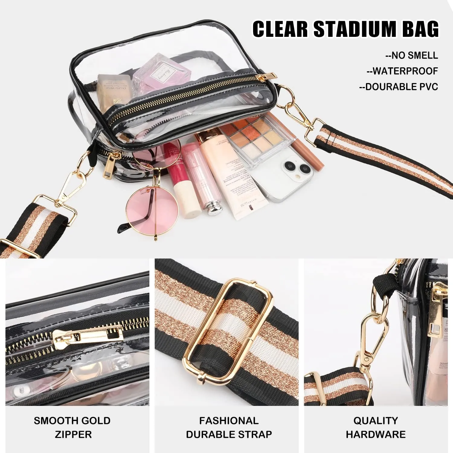WEDDINGHELPER Clear Crossbody Bag, Clear Bag Stadium Approved Clear Purse with Adjustable Strap for Sports Concerts Festivals