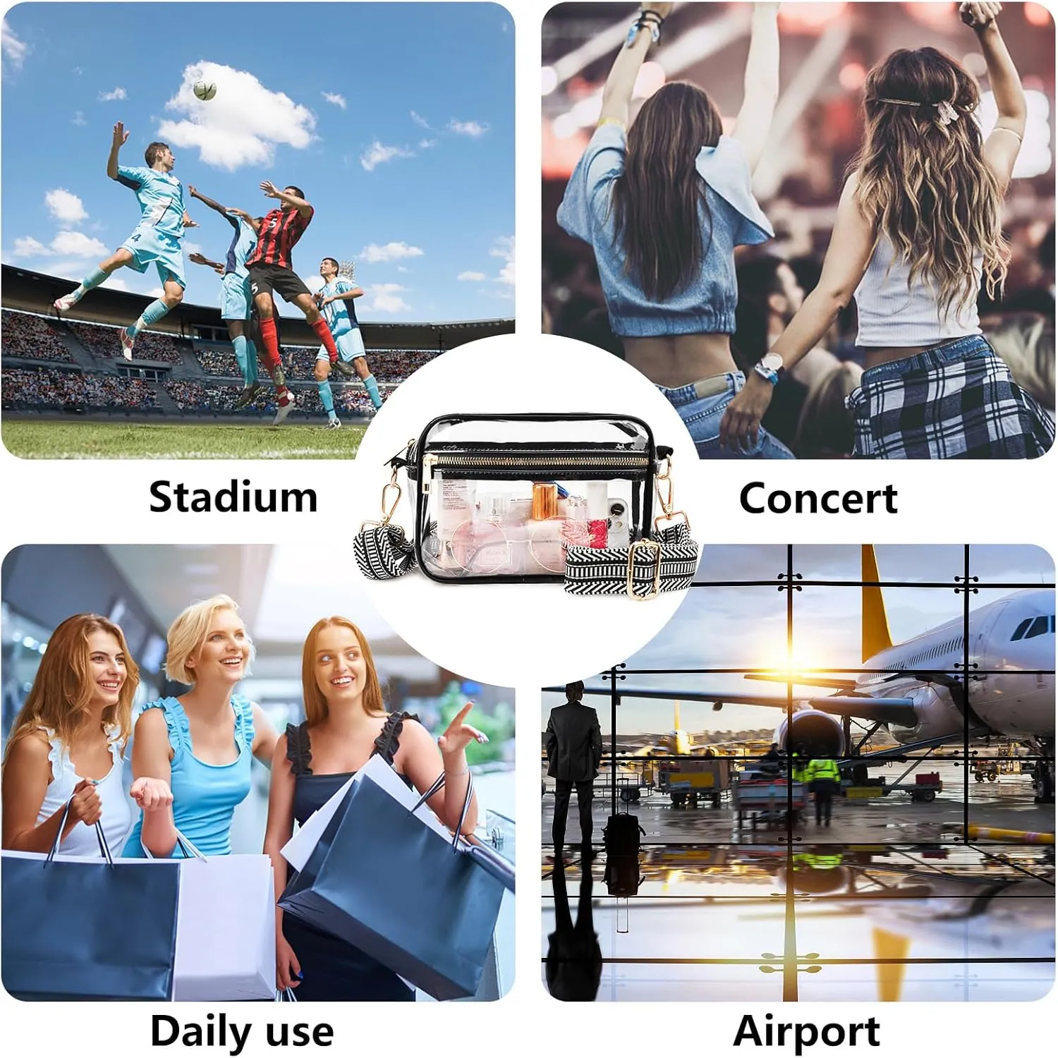 WEDDINGHELPER Clear Crossbody Bag, Clear Bag Stadium Approved Clear Purse with Adjustable Strap for Sports Concerts Festivals