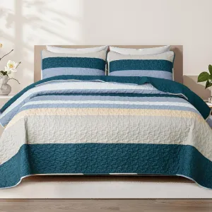 Whale Flotilla Reversible Ultra Soft Printed Quilts King Size, Lightweight Patchwork Geometric Stripes Bedspreads Coverlets Quilt Bedding Set with 2 Pillow Shams for All Seasons, Navy