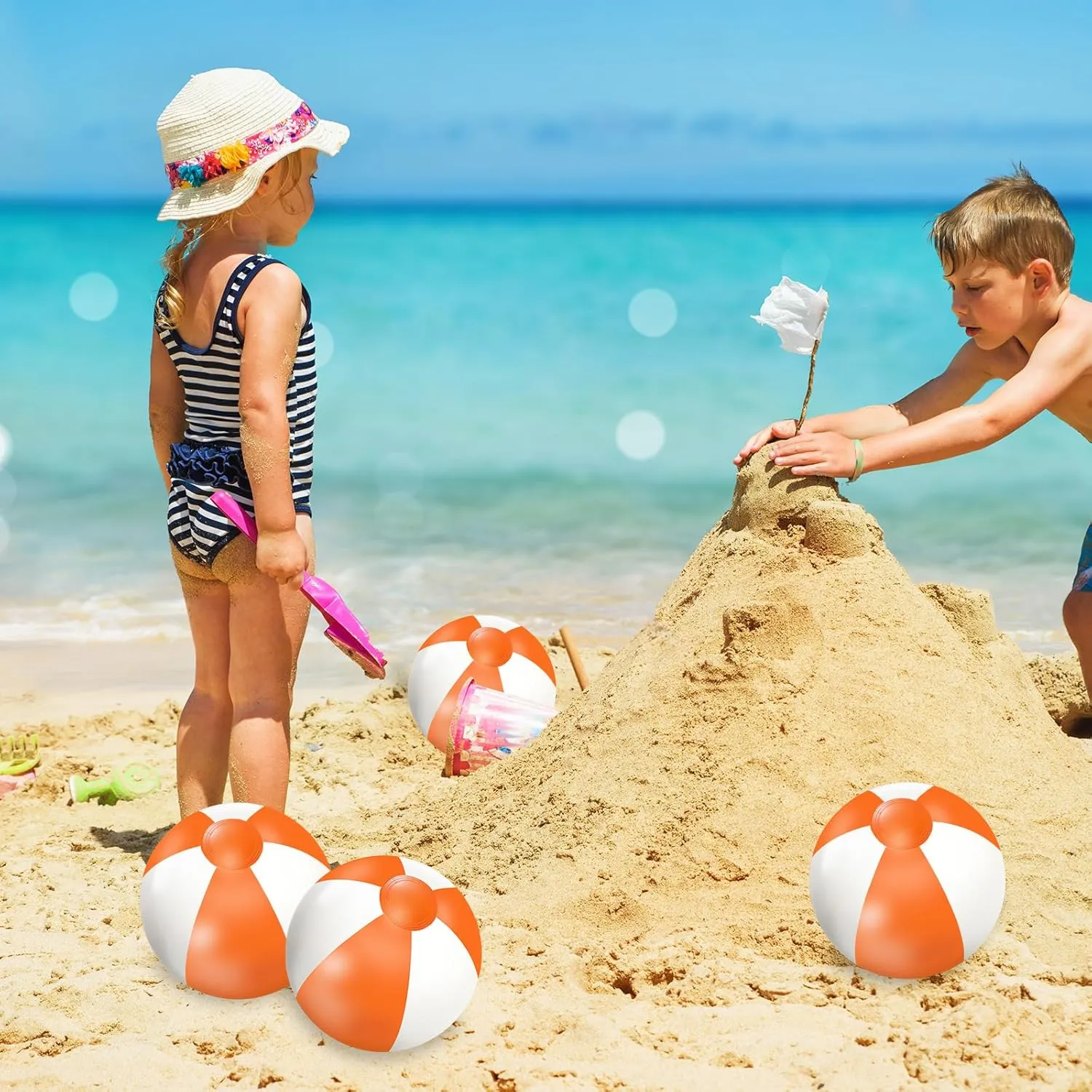 Whaline 16Pcs 16'' Orange and White Inflatable Beach Ball Round Pool PVC Balls Cute Game Toys for Summer Hawaiian Tropical Theme Beach Party Decorations Water Sand Game Accessory