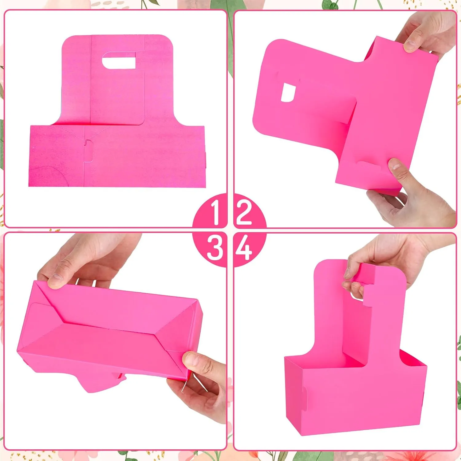 Whaline Hot Pink Kraft Flower Gift Bags 20 Pcs Drink Carriers with Handle to 2 Cup Floral Wrap Packing Box Paper Holder Baskets for DIY Crafts Wedding Valentines Mother's Day