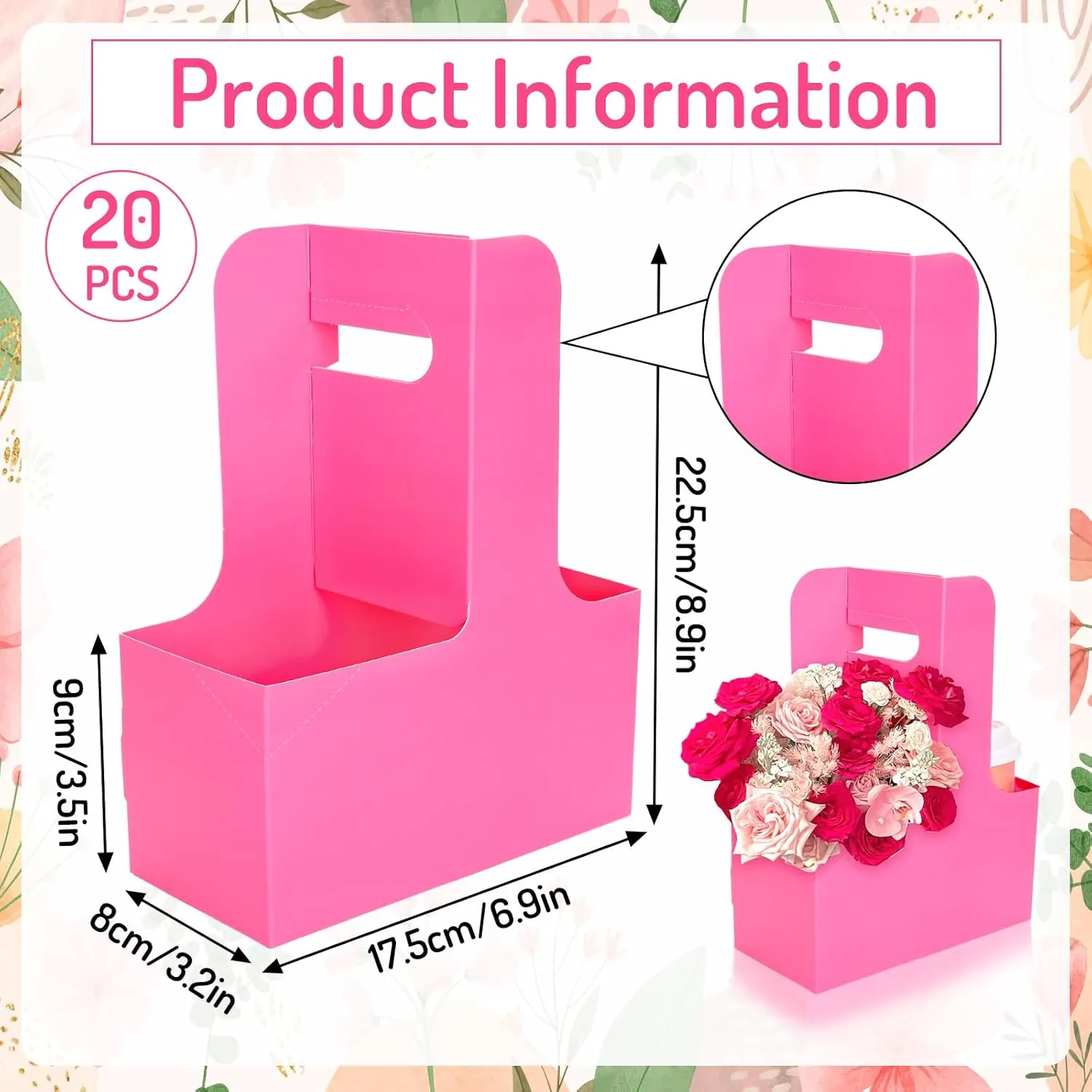 Whaline Hot Pink Kraft Flower Gift Bags 20 Pcs Drink Carriers with Handle to 2 Cup Floral Wrap Packing Box Paper Holder Baskets for DIY Crafts Wedding Valentines Mother's Day