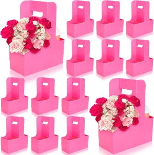 Whaline Hot Pink Kraft Flower Gift Bags 20 Pcs Drink Carriers with Handle to 2 Cup Floral Wrap Packing Box Paper Holder Baskets for DIY Crafts Wedding Valentines Mother's Day