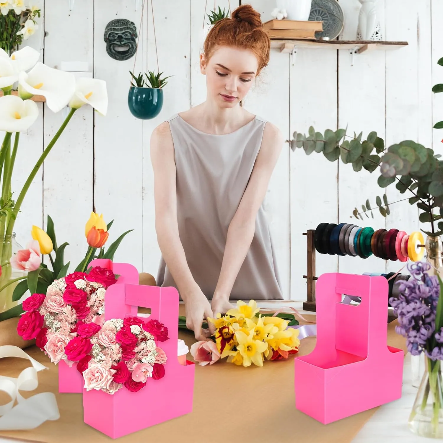 Whaline Hot Pink Kraft Flower Gift Bags 20 Pcs Drink Carriers with Handle to 2 Cup Floral Wrap Packing Box Paper Holder Baskets for DIY Crafts Wedding Valentines Mother's Day