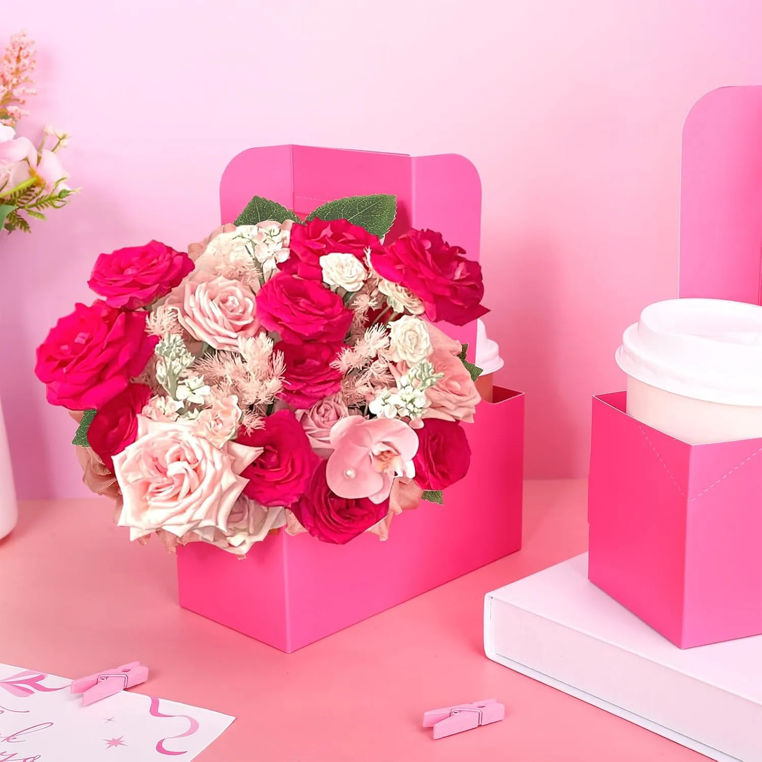 Whaline Hot Pink Kraft Flower Gift Bags 20 Pcs Drink Carriers with Handle to 2 Cup Floral Wrap Packing Box Paper Holder Baskets for DIY Crafts Wedding Valentines Mother's Day