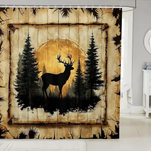 Wild Deer Shower Curtain 72" W x 78" L Watercolor Pine Trees Wild Animal Bathroom Curtains for Kids Teens Adults Vintage Wooden Stripes Jungle Cabin Bath Curtain for Bathtub with 12 Hooks