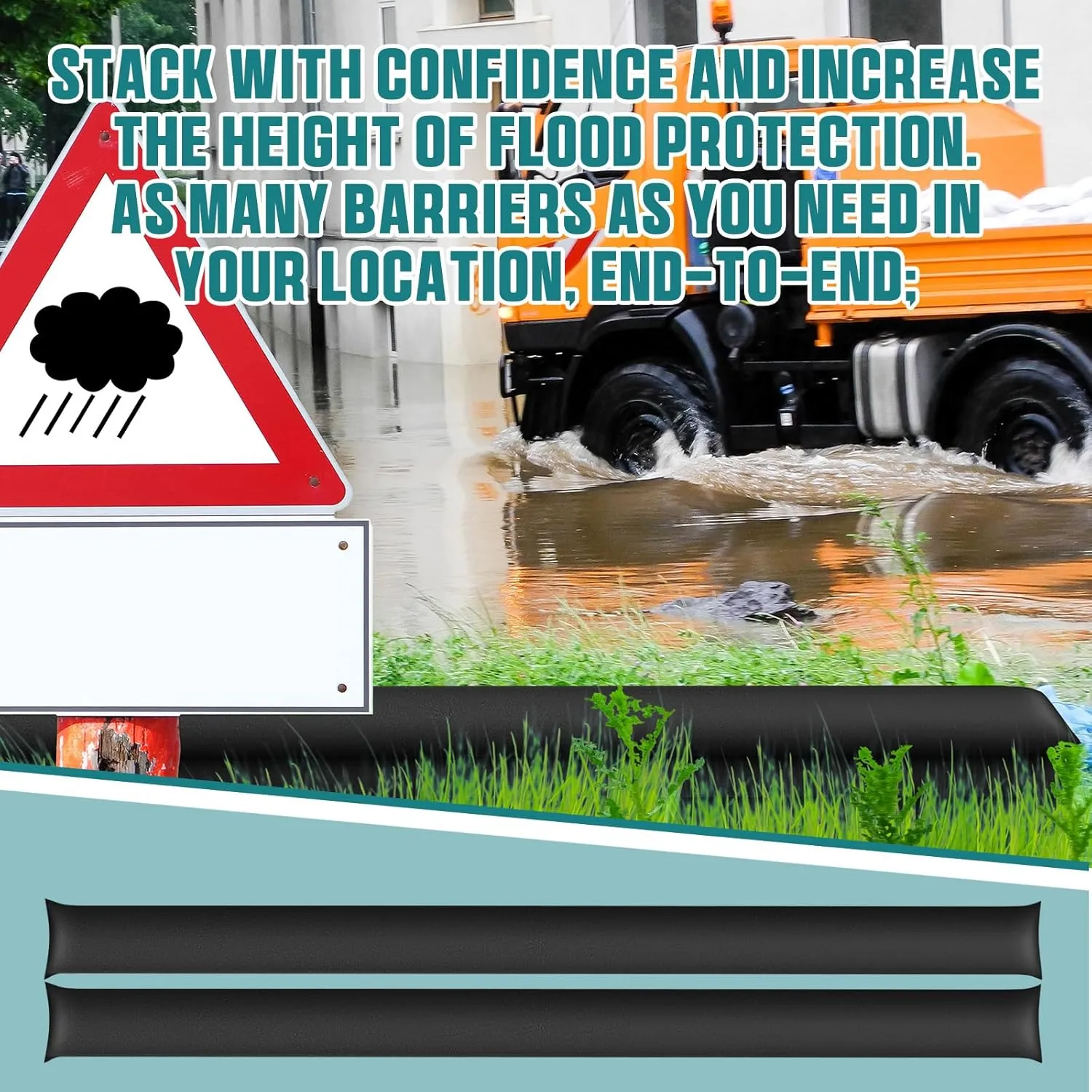 Windyun 2 Pcs 10 ft x 6.5 Inch Water Barrier for Home Reusable Flood Prevention Barriers Bags Water Dams Activated Absorbent Barrier Sandless Sandbags for Rain Garage Door Basement (Black)