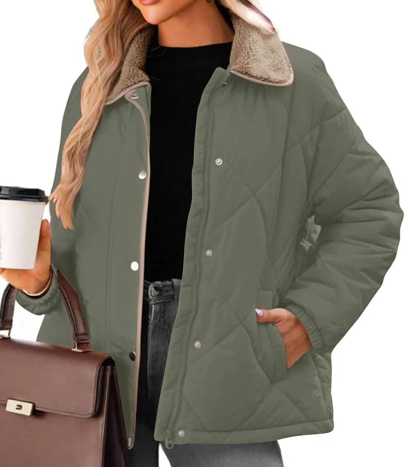 Winter Jackets For Women Long Sleeve Fleece Collar Winter Coats Baggy Zip Up Warm Puffer Jacket