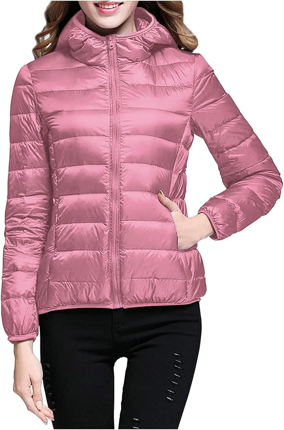 Winter Puffer Coats for Women Womens Lightweight Puffy Jacket Packable Hooded Down Coat Winter Zip Up Outerwear Pocket