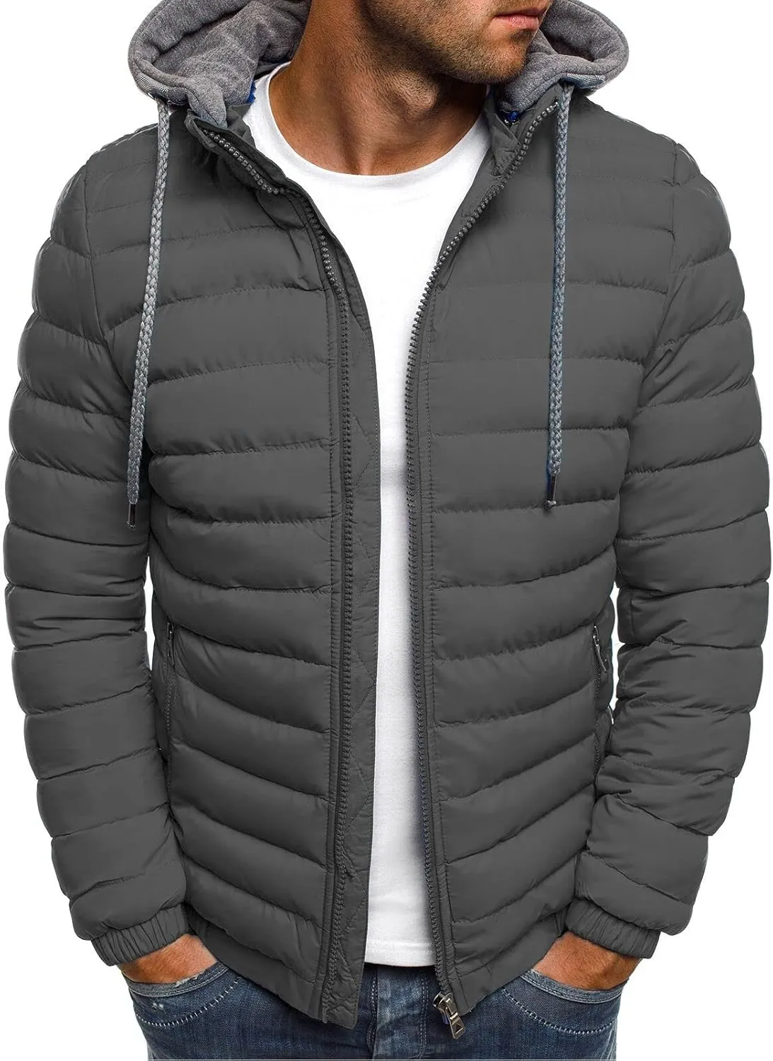 Winter Puffer Jacket for Men Windproof Lightweight Full Zip Hooded Puffy Jackets Quilted Thicken Insulated Down Coats