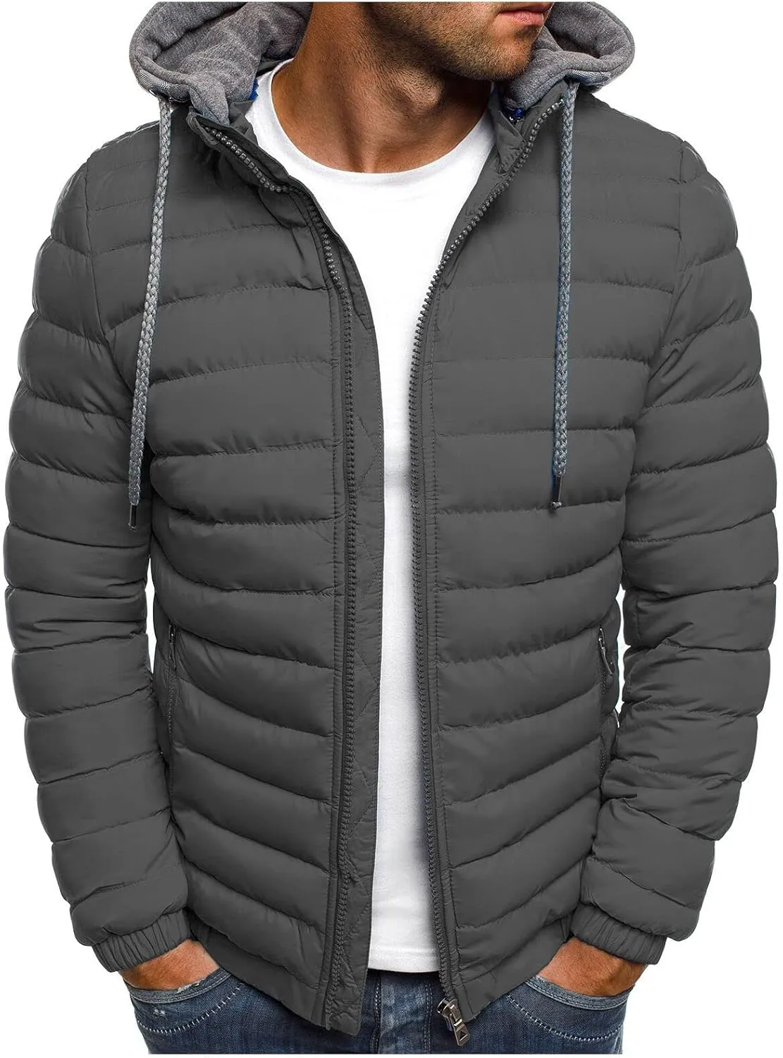 Winter Puffer Jacket for Men Windproof Lightweight Full Zip Hooded Puffy Jackets Quilted Thicken Insulated Down Coats