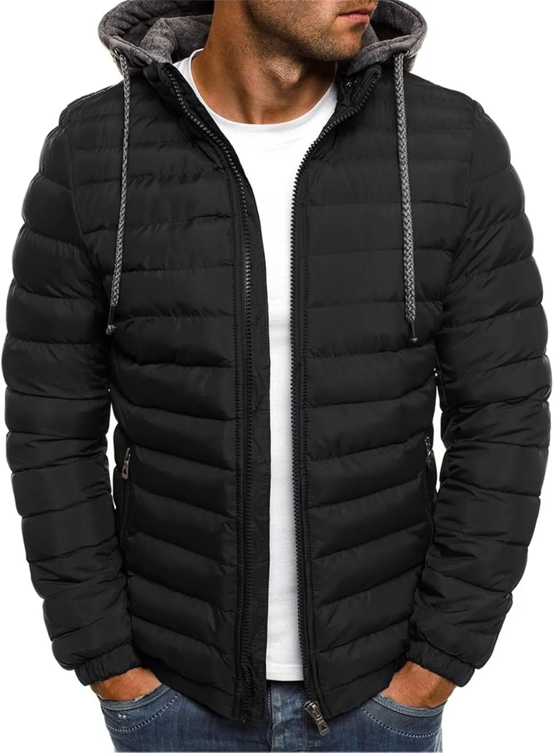Winter Puffer Jacket for Men Windproof Lightweight Full Zip Hooded Puffy Jackets Quilted Thicken Insulated Down Coats