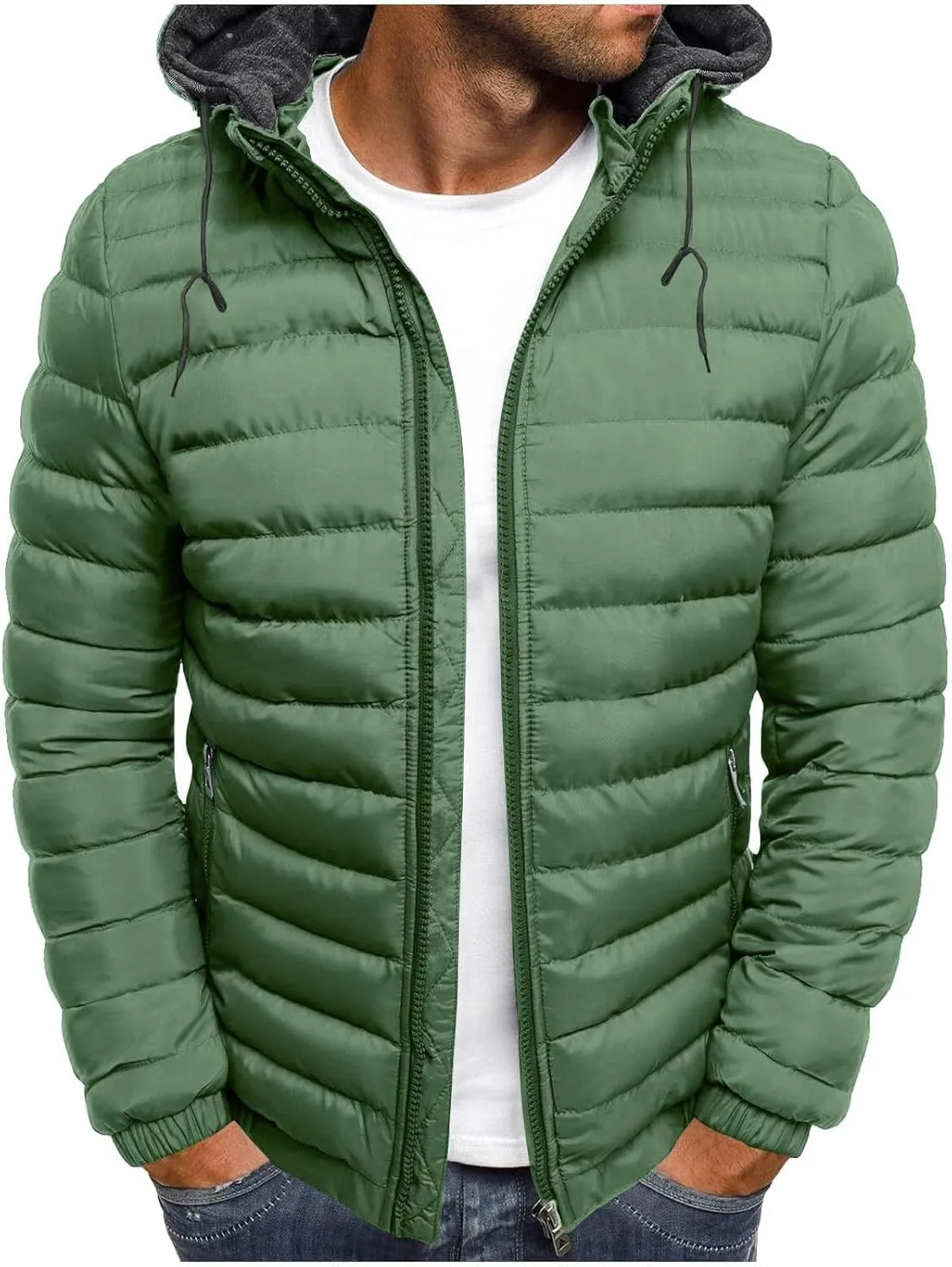Winter Puffer Jacket for Men Windproof Lightweight Full Zip Hooded Puffy Jackets Quilted Thicken Insulated Down Coats