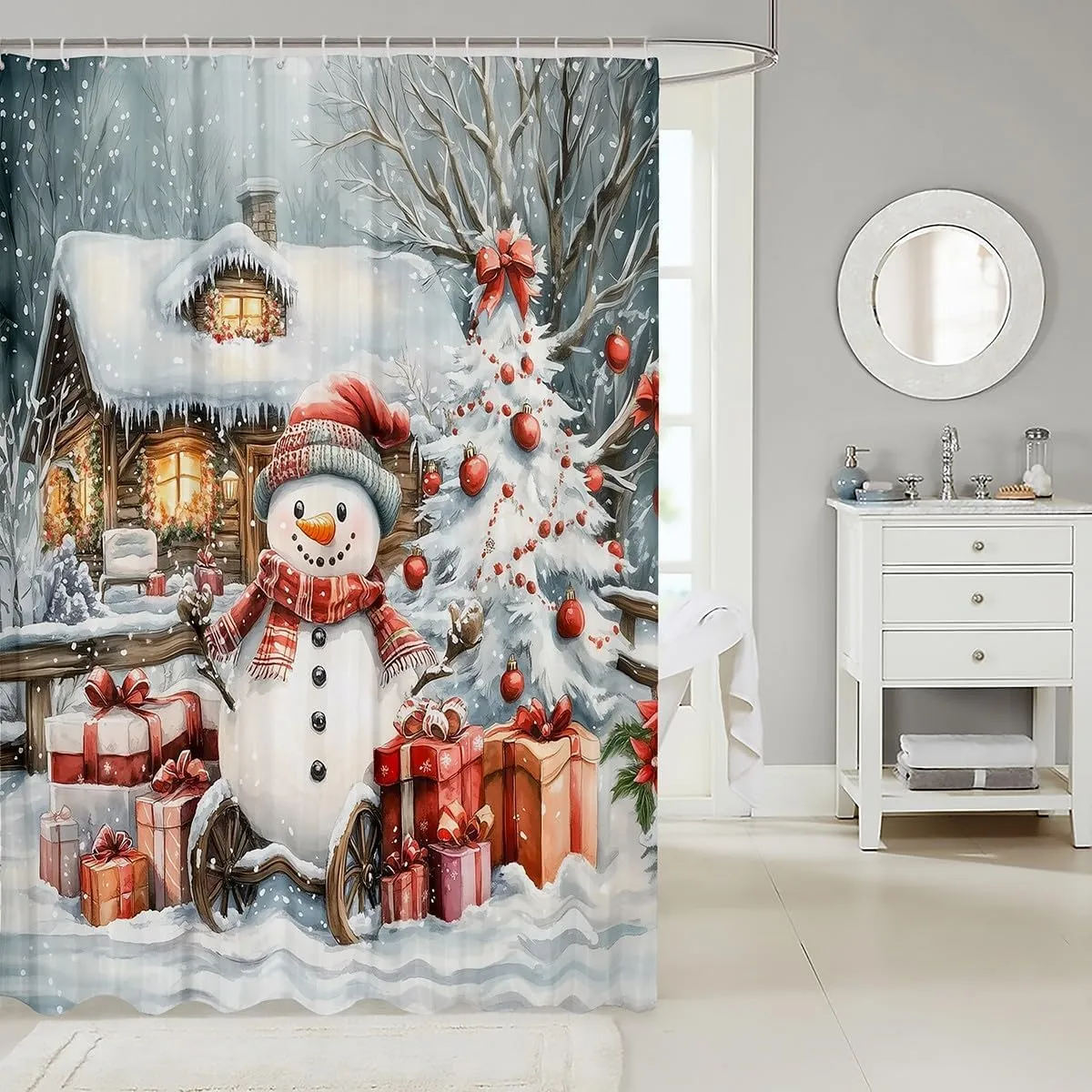 Winter Snowman Shower Curtain Jungle Cabin Jungle Pine Trees Bathroom Curtain for Kids Teens Adults New Year Christmas Rustic Style Bath Curtain for Bathtub with 12 Hooks 72" W x 84" L