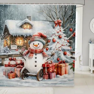 Winter Snowman Shower Curtain Jungle Cabin Jungle Pine Trees Bathroom Curtain for Kids Teens Adults New Year Christmas Rustic Style Bath Curtain for Bathtub with 12 Hooks 72" W x 84" L