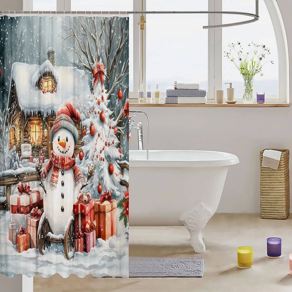 Winter Snowman Shower Curtain Jungle Cabin Jungle Pine Trees Bathroom Curtain for Kids Teens Adults New Year Christmas Rustic Style Bath Curtain for Bathtub with 12 Hooks 72" W x 84" L