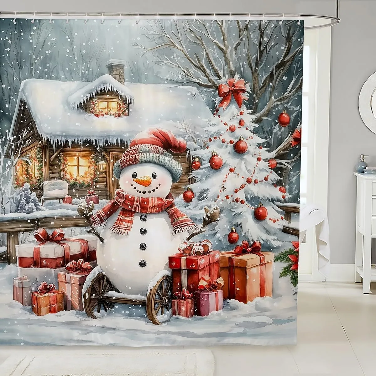 Winter Snowman Shower Curtain Jungle Cabin Jungle Pine Trees Bathroom Curtain for Kids Teens Adults New Year Christmas Rustic Style Bath Curtain for Bathtub with 12 Hooks 72" W x 84" L