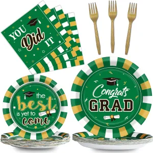 Wiooffen 24 Guests Graduation Party Plates Napkins Supplies Set Congrats Grad Class of 2025 Disposable Dinnerware Tableware Grad Party Decoration Favors,Green and Gold