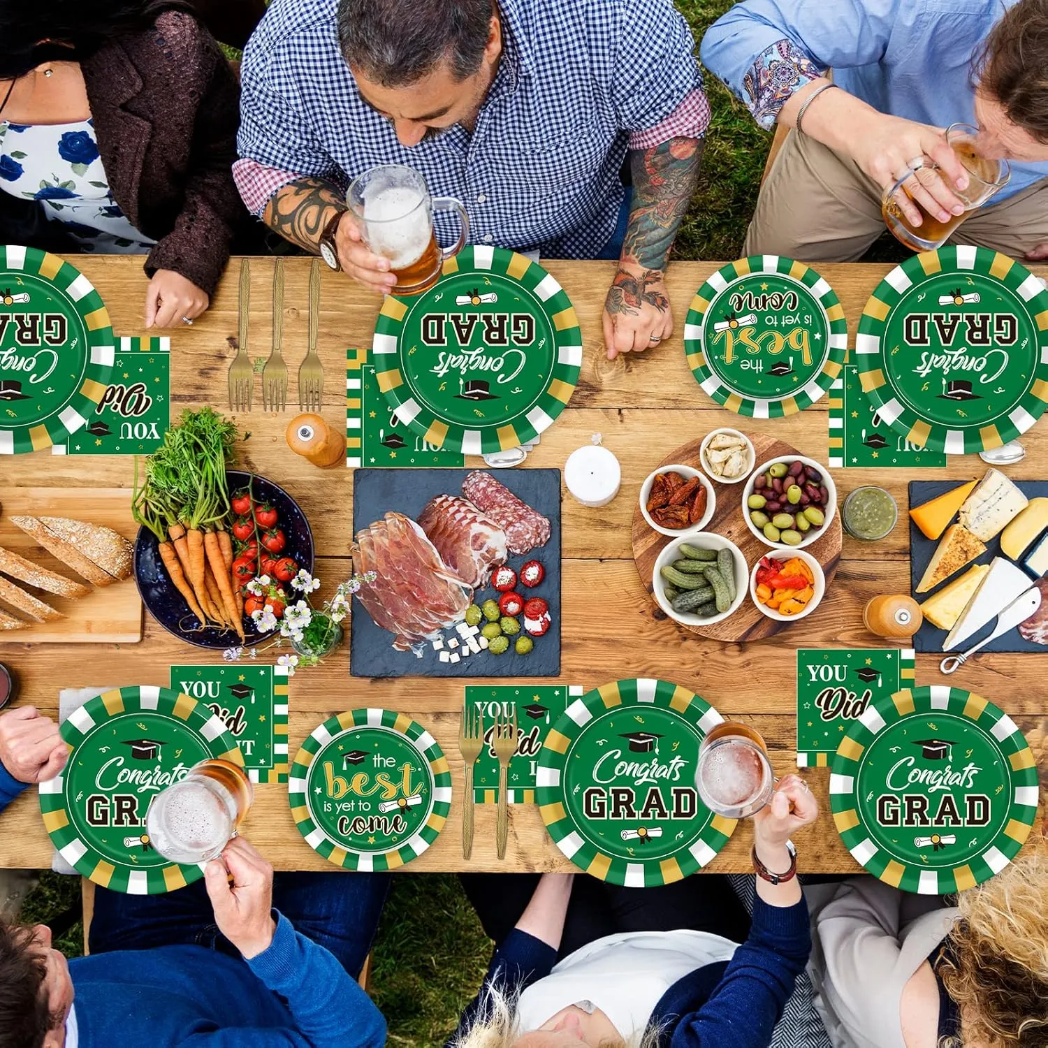 Wiooffen 24 Guests Graduation Party Plates Napkins Supplies Set Congrats Grad Class of 2025 Disposable Dinnerware Tableware Grad Party Decoration Favors,Green and Gold
