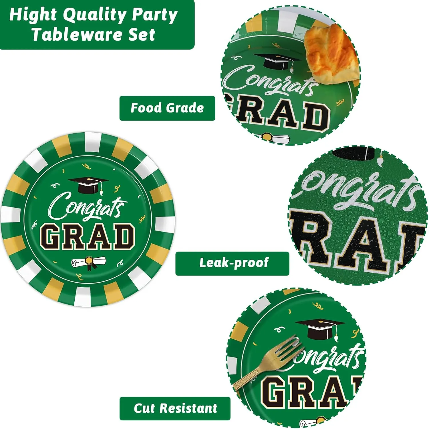 Wiooffen 24 Guests Graduation Party Plates Napkins Supplies Set Congrats Grad Class of 2025 Disposable Dinnerware Tableware Grad Party Decoration Favors,Green and Gold