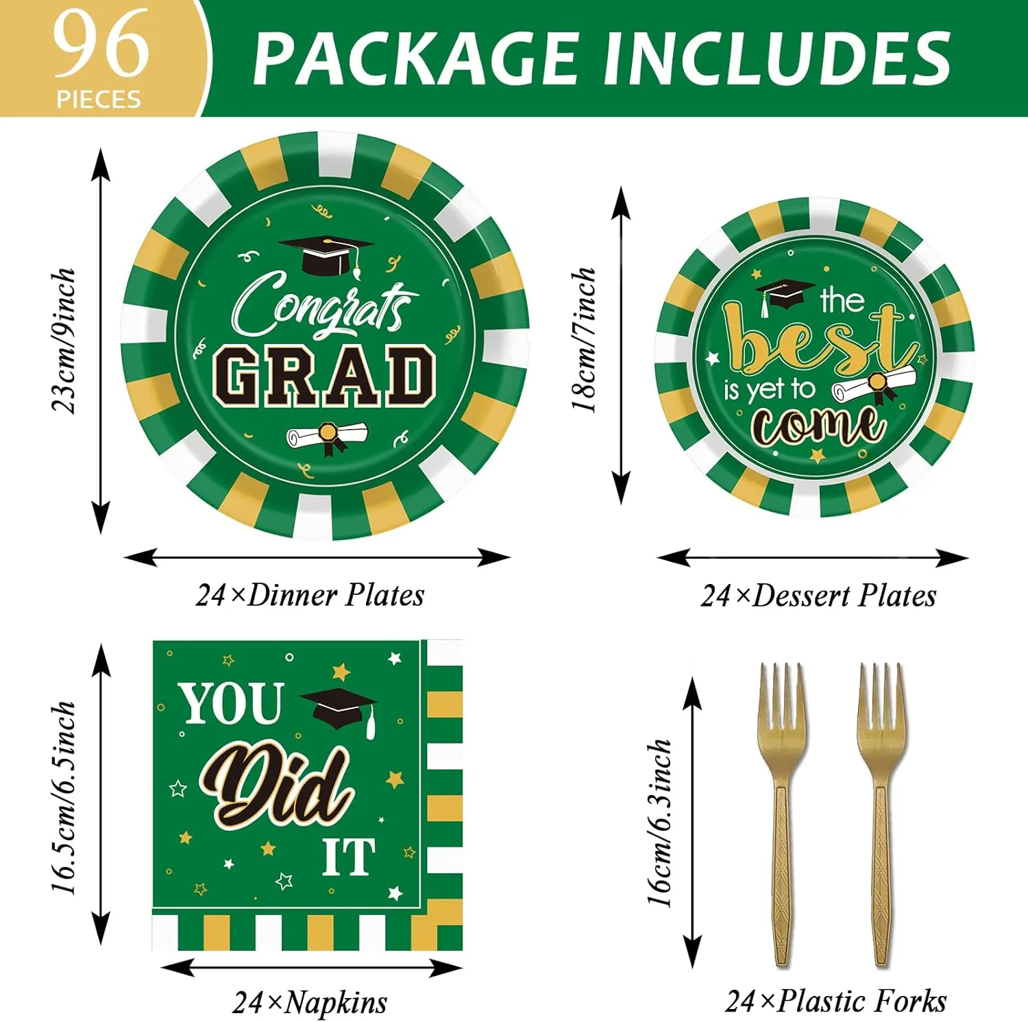 Wiooffen 24 Guests Graduation Party Plates Napkins Supplies Set Congrats Grad Class of 2025 Disposable Dinnerware Tableware Grad Party Decoration Favors,Green and Gold