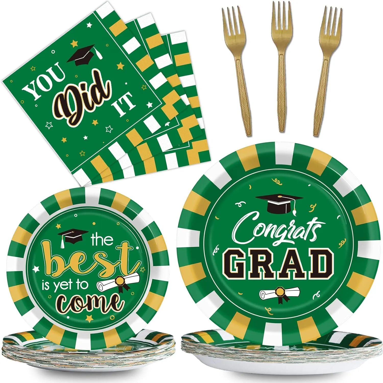 Wiooffen 24 Guests Graduation Party Plates Napkins Supplies Set Congrats Grad Class of 2025 Disposable Dinnerware Tableware Grad Party Decoration Favors,Green and Gold