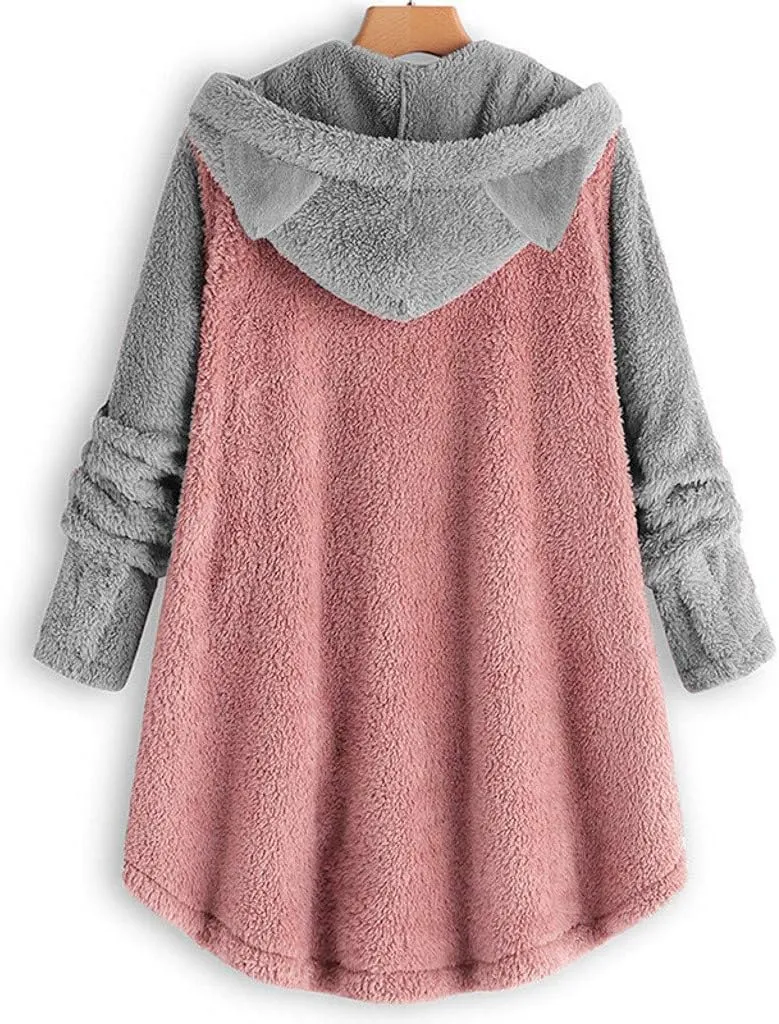 Wkishenl Fleece Jacket for Women Cute Cat Ear Fuzzy Hoodies Loose Plus Size Button Long Sleeve Coats Fall Winter Warm Outwear