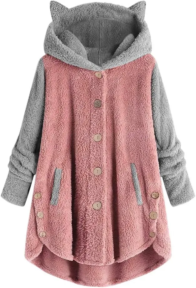 Wkishenl Fleece Jacket for Women Cute Cat Ear Fuzzy Hoodies Loose Plus Size Button Long Sleeve Coats Fall Winter Warm Outwear
