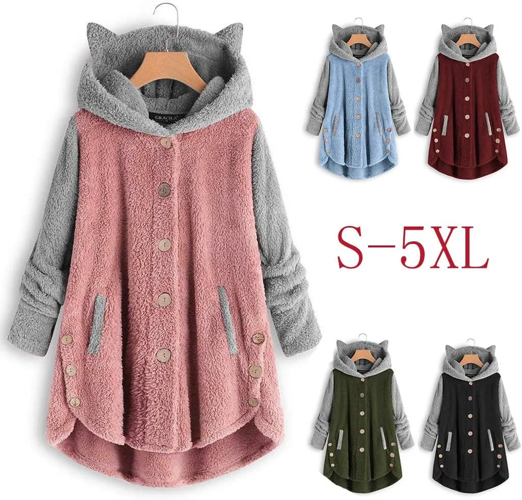 Wkishenl Fleece Jacket for Women Cute Cat Ear Fuzzy Hoodies Loose Plus Size Button Long Sleeve Coats Fall Winter Warm Outwear