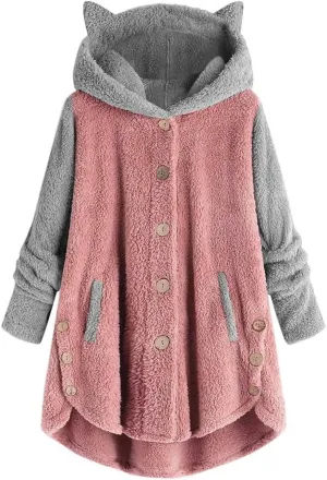 Wkishenl Fleece Jacket for Women Cute Cat Ear Fuzzy Hoodies Loose Plus Size Button Long Sleeve Coats Fall Winter Warm Outwear
