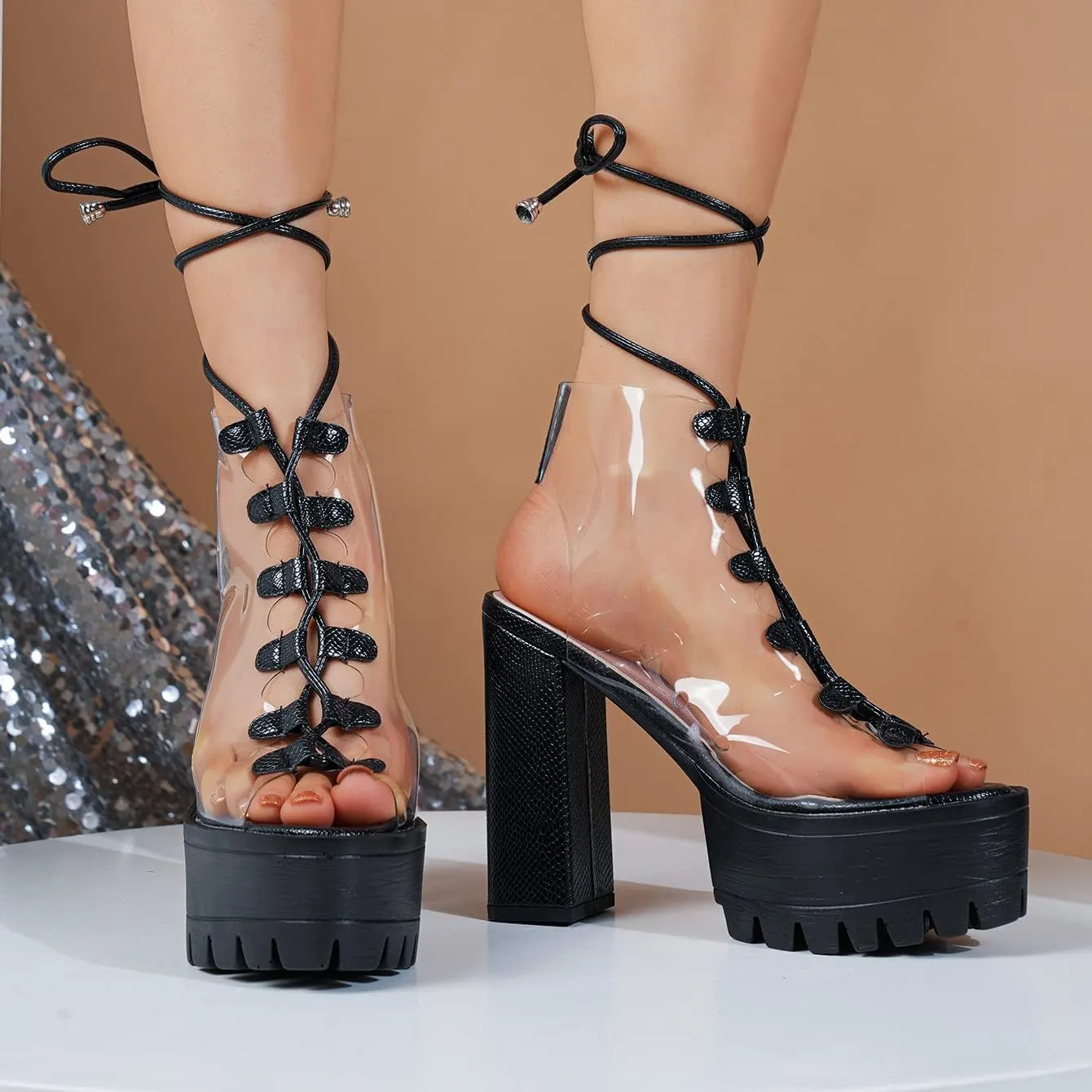 Women Booties Transparent Peep Toe Clear Lace Up Chunky Lug Sole Platform High Heels Summer Party Sandals Boots Shoes