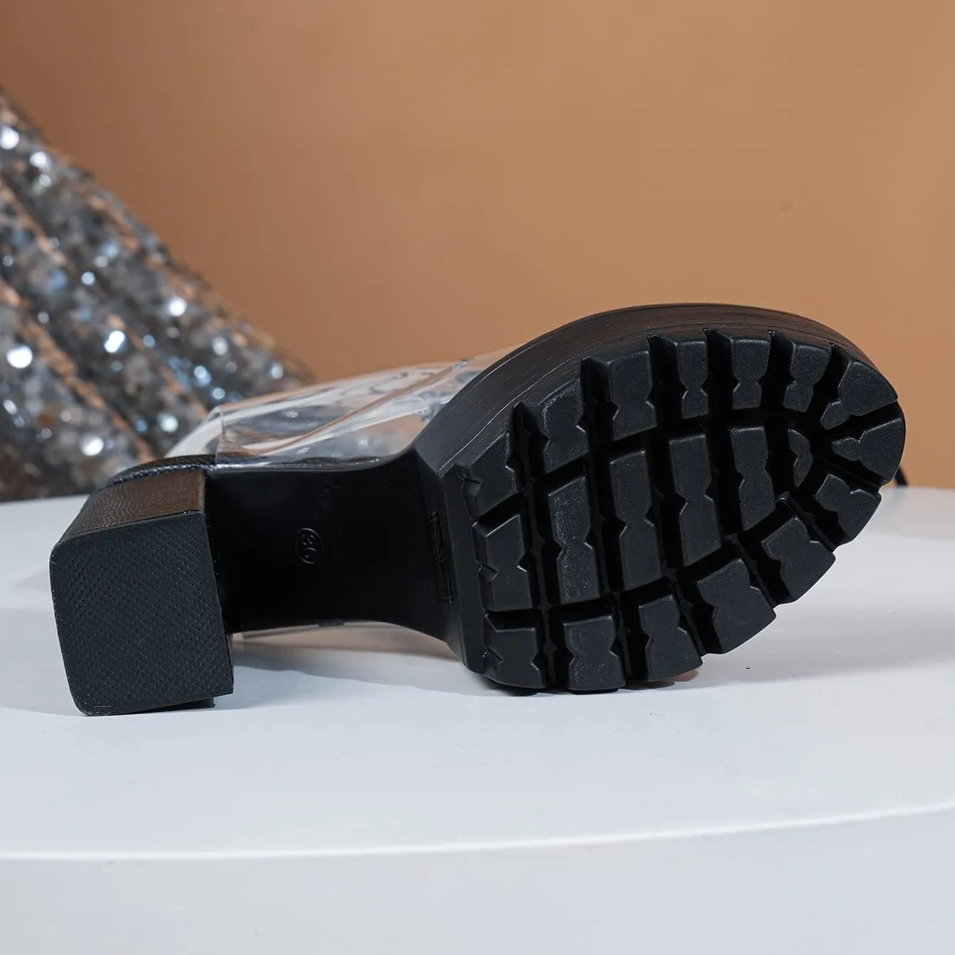Women Booties Transparent Peep Toe Clear Lace Up Chunky Lug Sole Platform High Heels Summer Party Sandals Boots Shoes