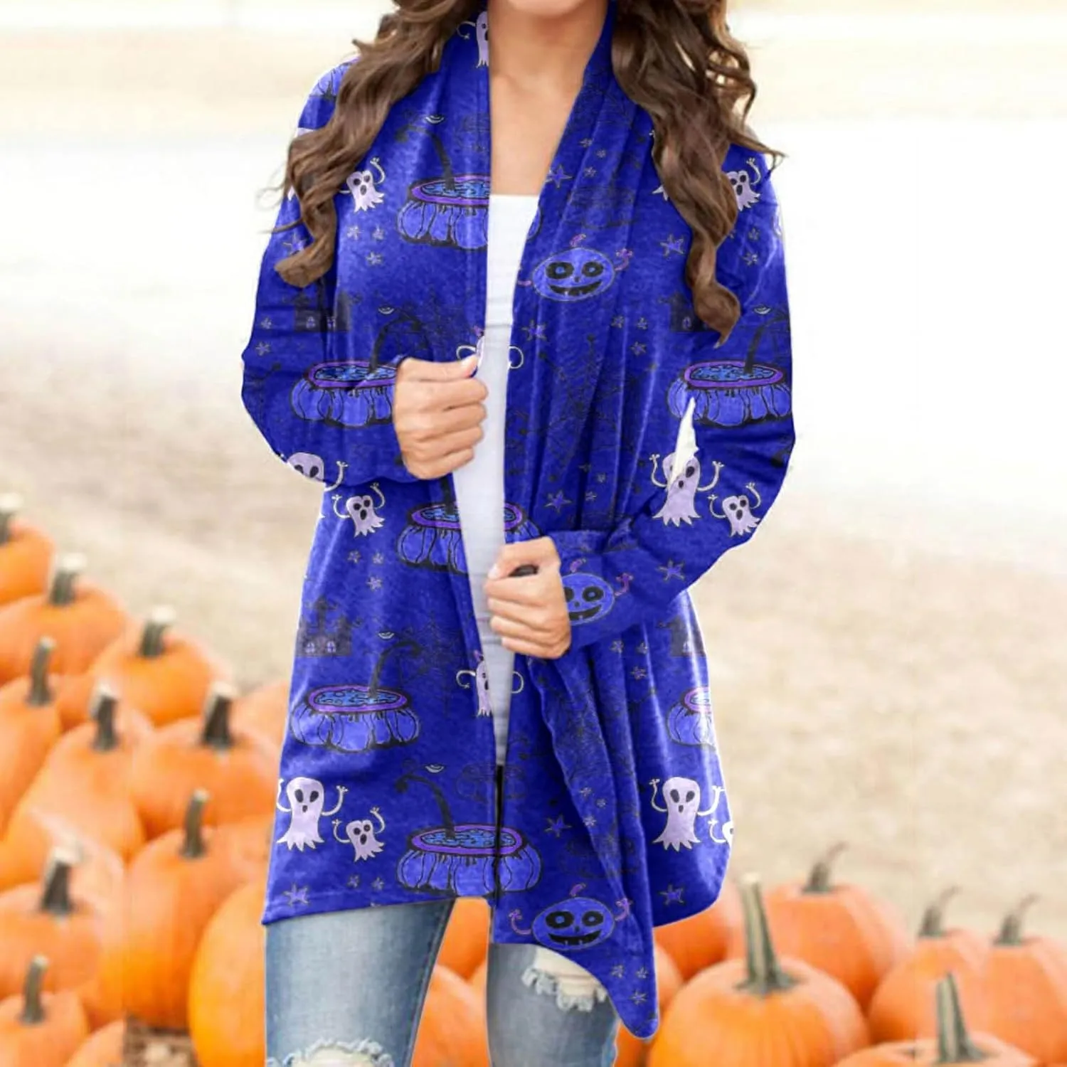 Women Cardigans Women's Long Sleeved Halloween Printed Pocket Cardigan Cardigans for Women Leopard