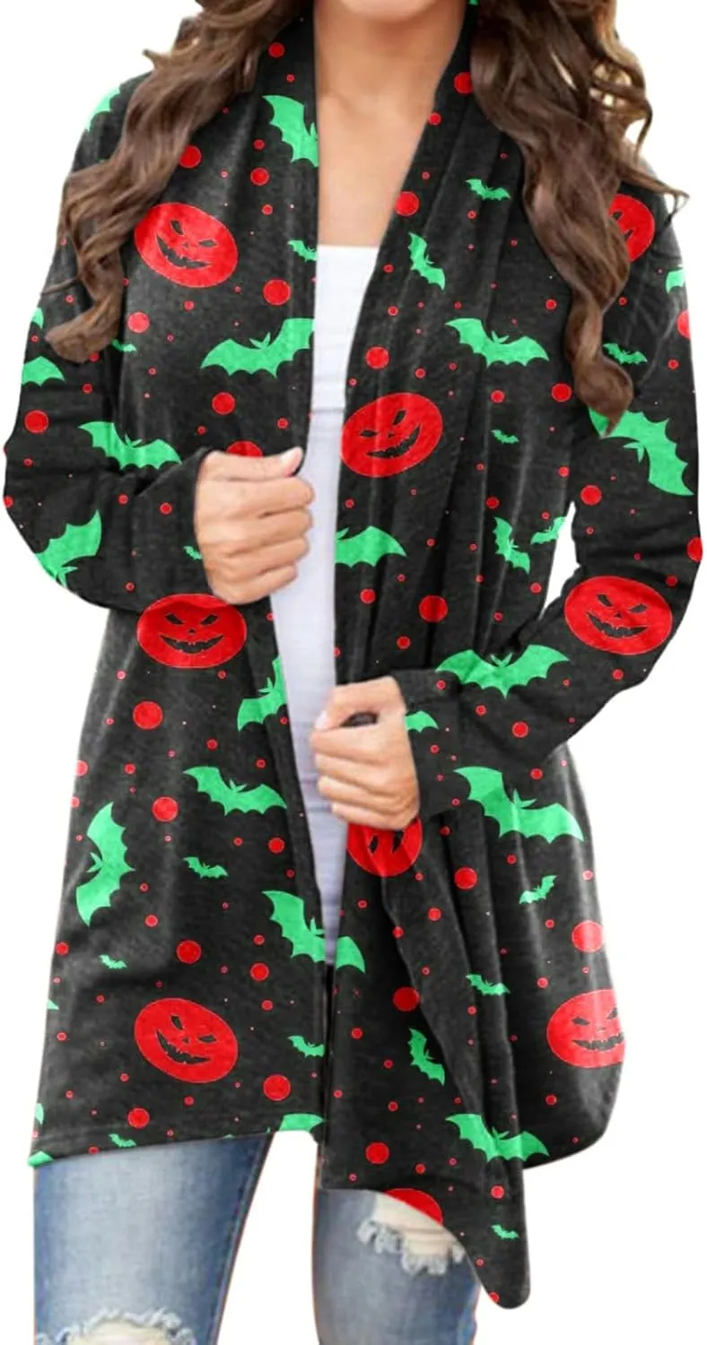 Women Cardigans Women's Long Sleeved Halloween Printed Pocket Cardigan Cardigans for Women Leopard