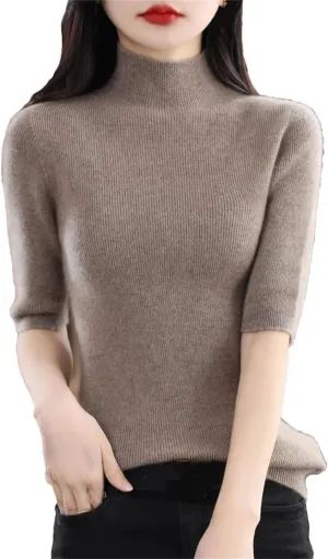 Women Stand Collar Short Sleeve Pullover Spring Summer Wool Knit Sweater