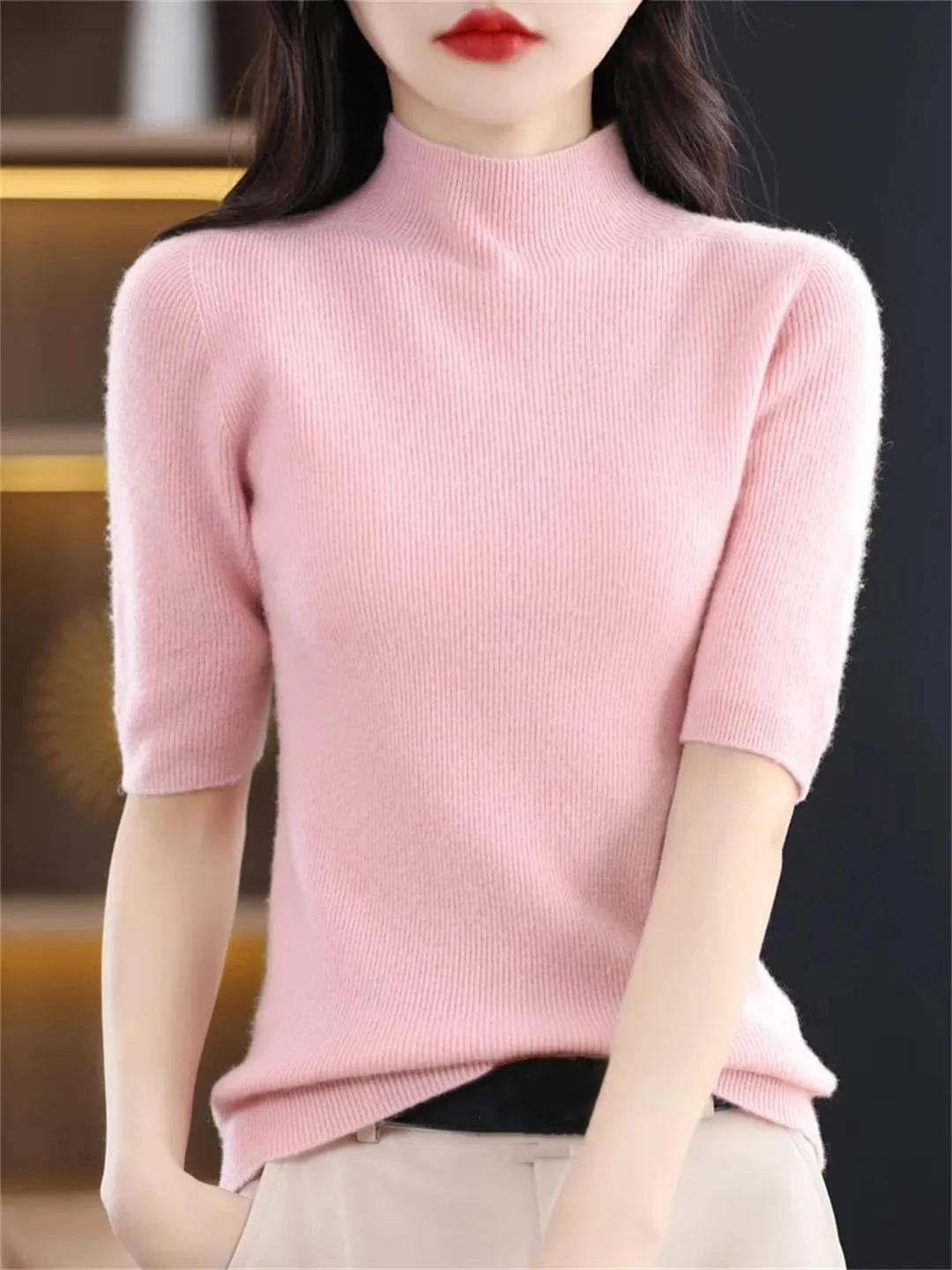 Women Stand Collar Short Sleeve Pullover Spring Summer Wool Knit Sweater
