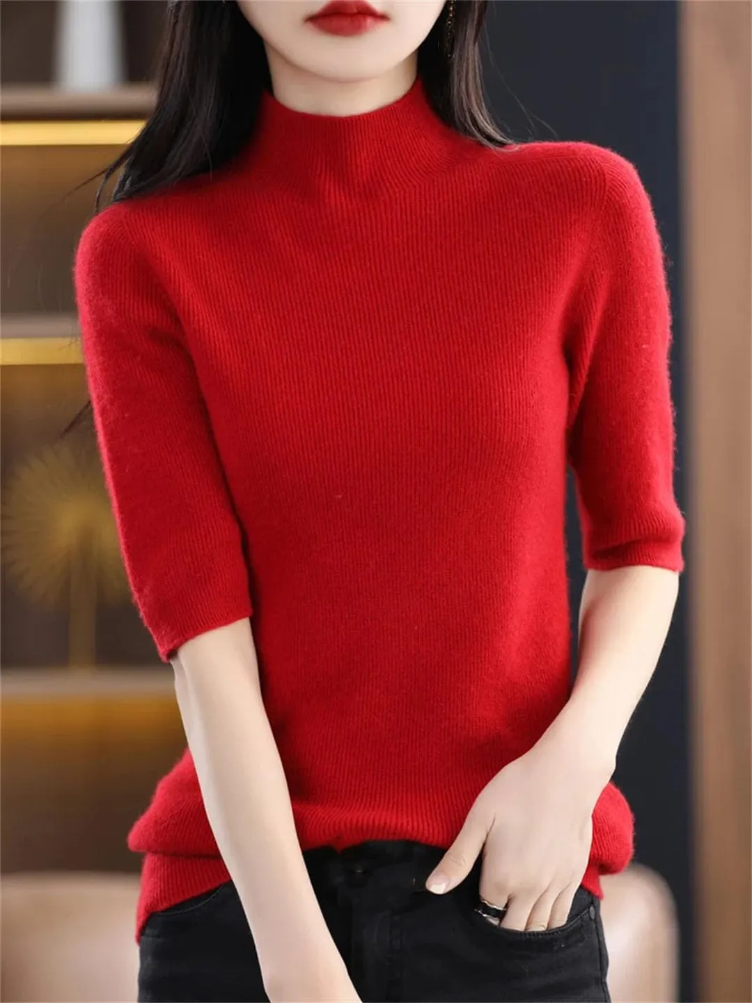Women Stand Collar Short Sleeve Pullover Spring Summer Wool Knit Sweater