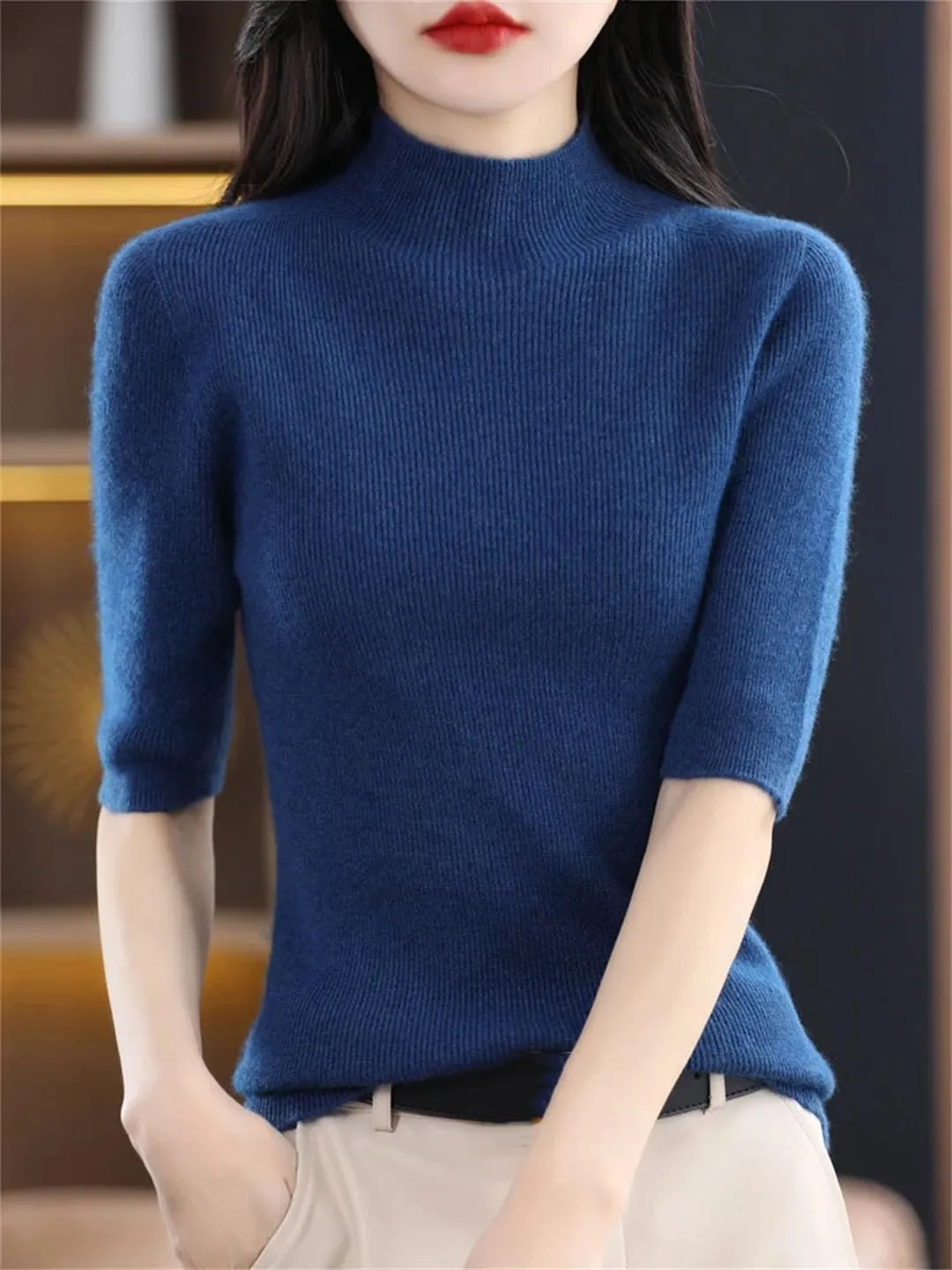 Women Stand Collar Short Sleeve Pullover Spring Summer Wool Knit Sweater