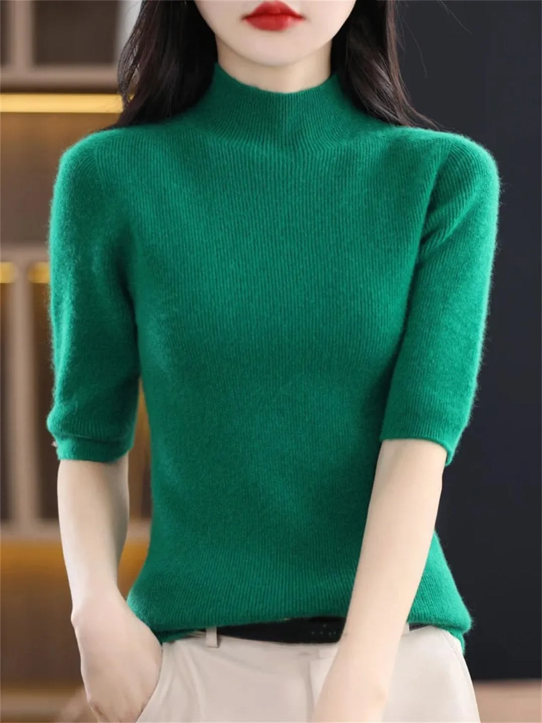 Women Stand Collar Short Sleeve Pullover Spring Summer Wool Knit Sweater