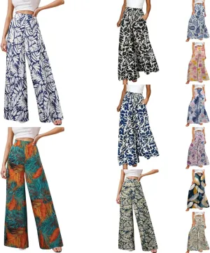 Women Summer Boho Palazzo Pants High Waist Wide Leg Floral Casual Cotton Lounge Trousers with Pockets