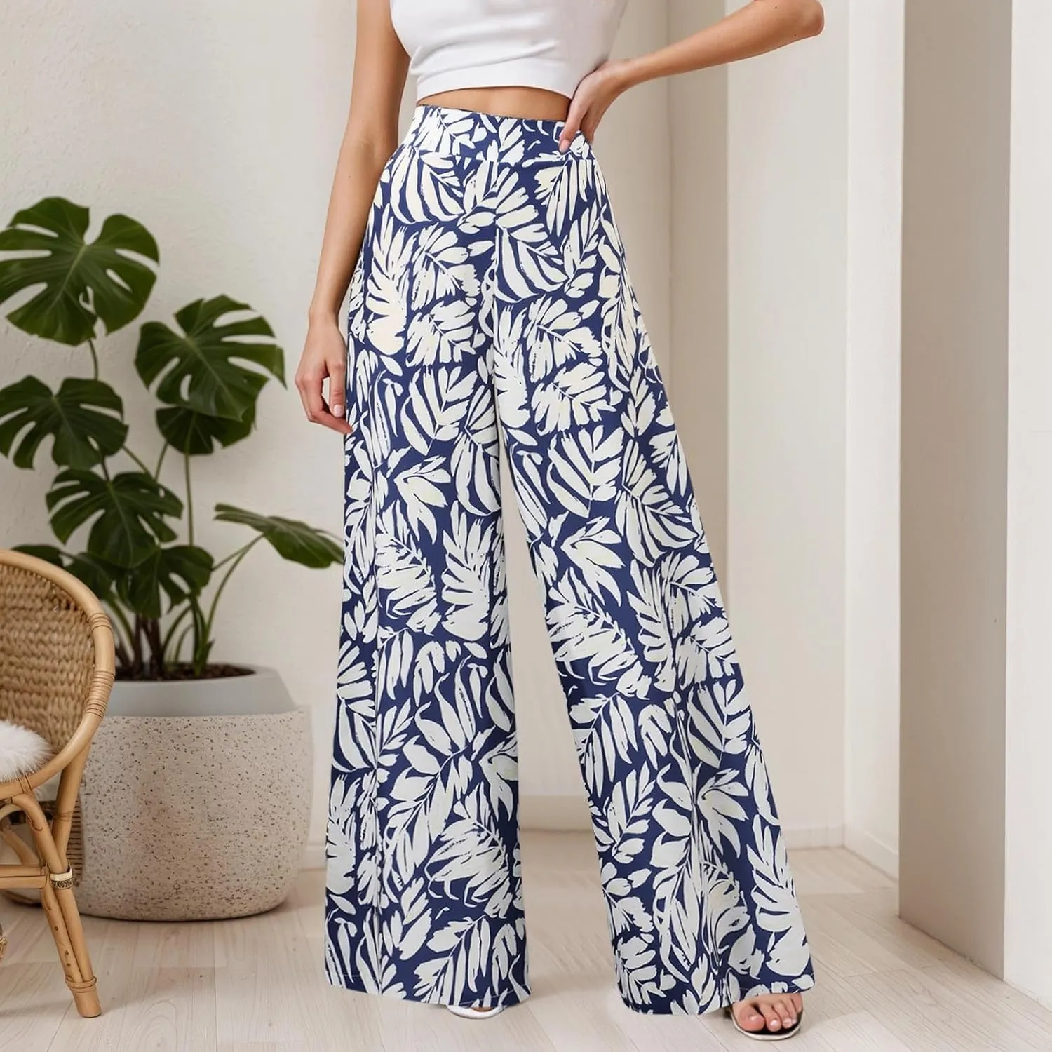 Women Summer Boho Palazzo Pants High Waist Wide Leg Floral Casual Cotton Lounge Trousers with Pockets