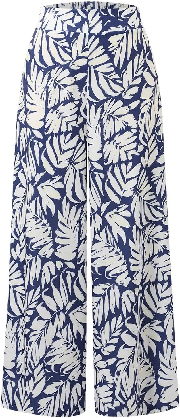 Women Summer Boho Palazzo Pants High Waist Wide Leg Floral Casual Cotton Lounge Trousers with Pockets