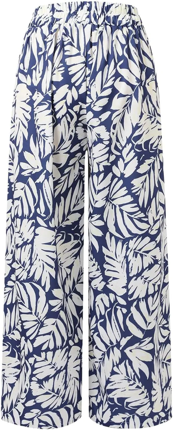 Women Summer Boho Palazzo Pants High Waist Wide Leg Floral Casual Cotton Lounge Trousers with Pockets