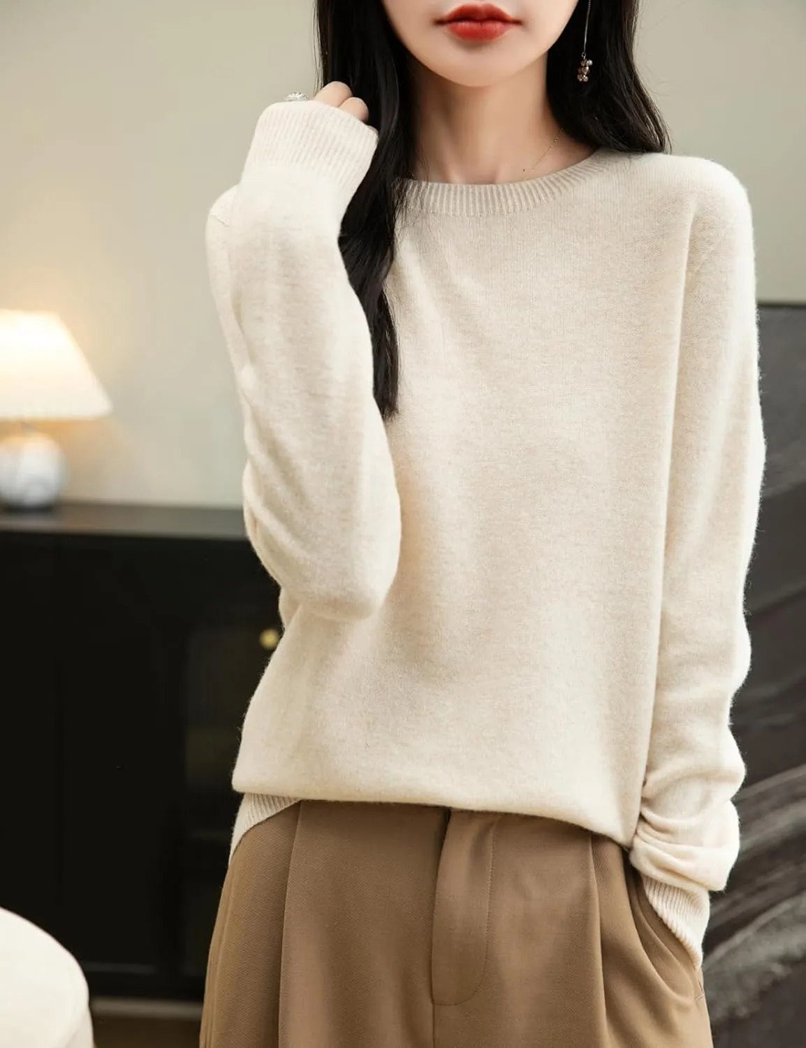 Women's 100% Merino Wool 2025 Fall Winter First-Line Ready to Wear Long Sleeve Seamless Knit Crewneck Sweater