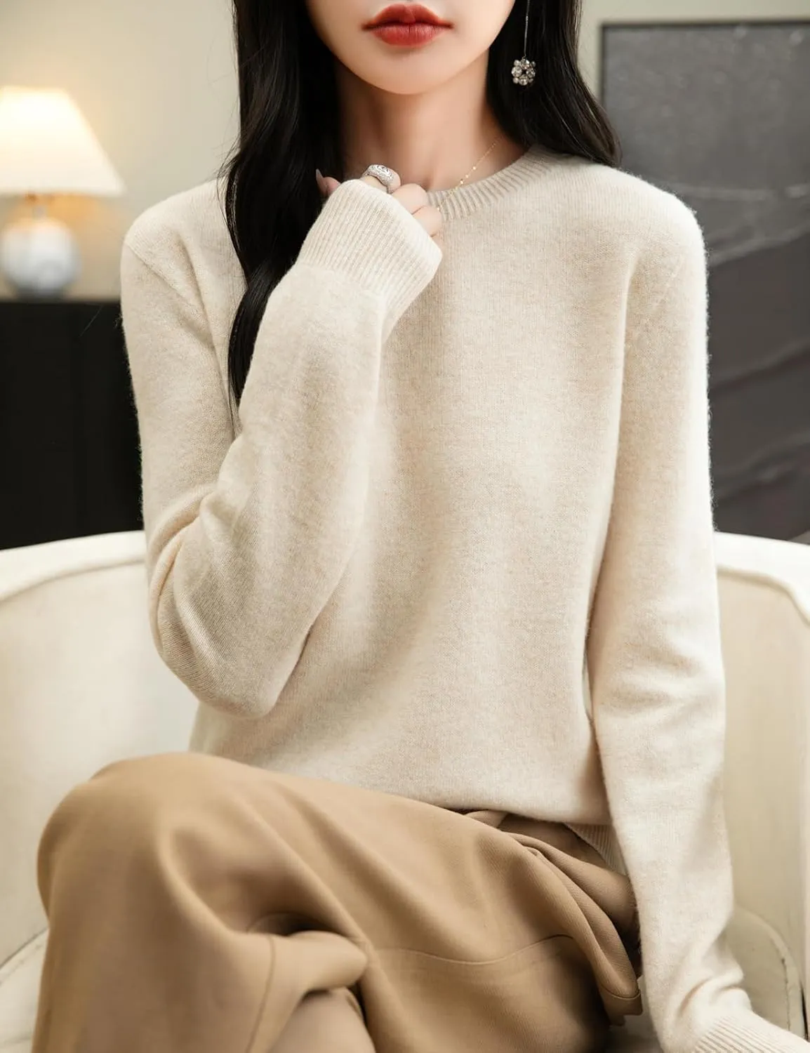 Women's 100% Merino Wool 2025 Fall Winter First-Line Ready to Wear Long Sleeve Seamless Knit Crewneck Sweater