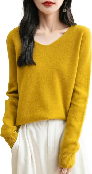 Women's 100% Merino Wool V Neck Sweater 2025 First-Line Ready to Wear Casual Long Sleeve Seamless Knit Sweater